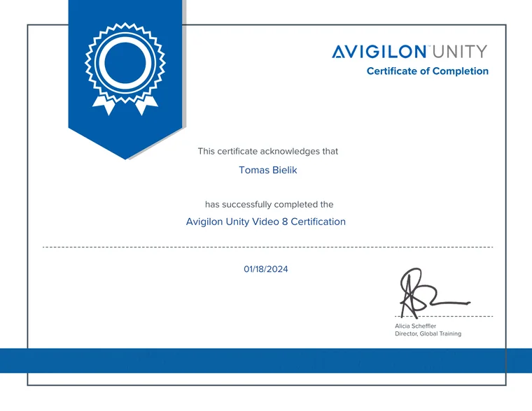 Avigilon Unity Video 8 – náhľad certifikátu