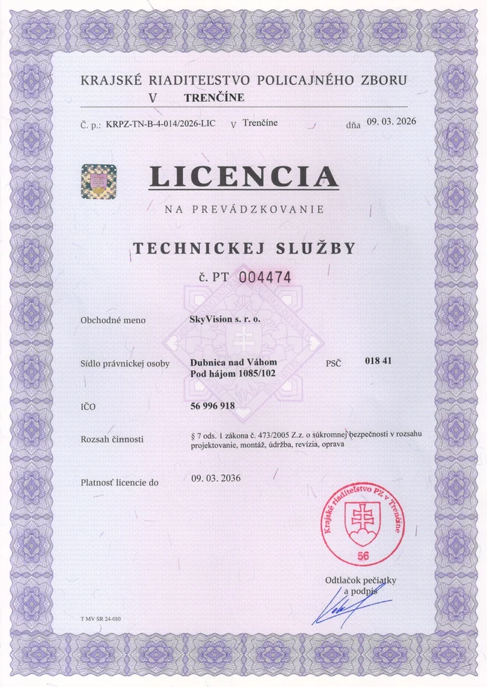 Licencia na prevádzkovanie technickej služby PT 004474 vydaná Krajským riaditeľstvom Policajného zboru v Trenčíne pre SkyVision s. r. o.
