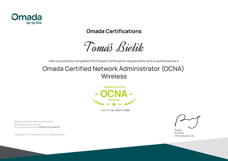 Omada OCNA Wireless – náhľad certifikátu